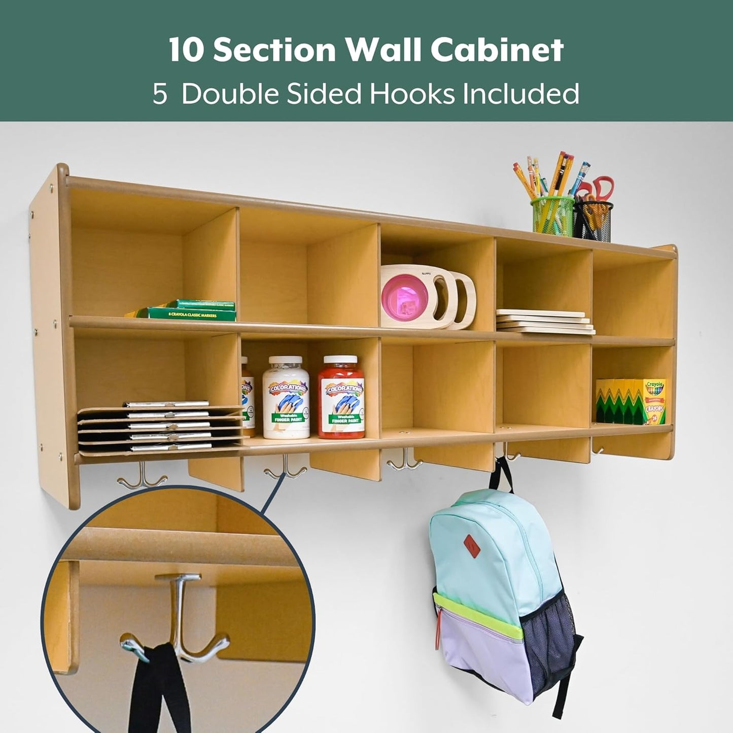 Angeles Value Line 10 Section Wall Locker, Classroom Shelves and Daycare Furniture, Cubby Storage Organizer with Hooks, 48" L x 12" W x 19" H