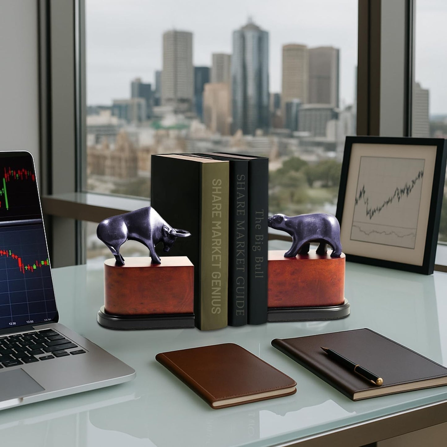Bey-Berk Bull & Bear Bookends, Black – Bronzed Cast Metal with Burl Wood Base, Heavy-Duty Office, Desk & Bookshelf Stand