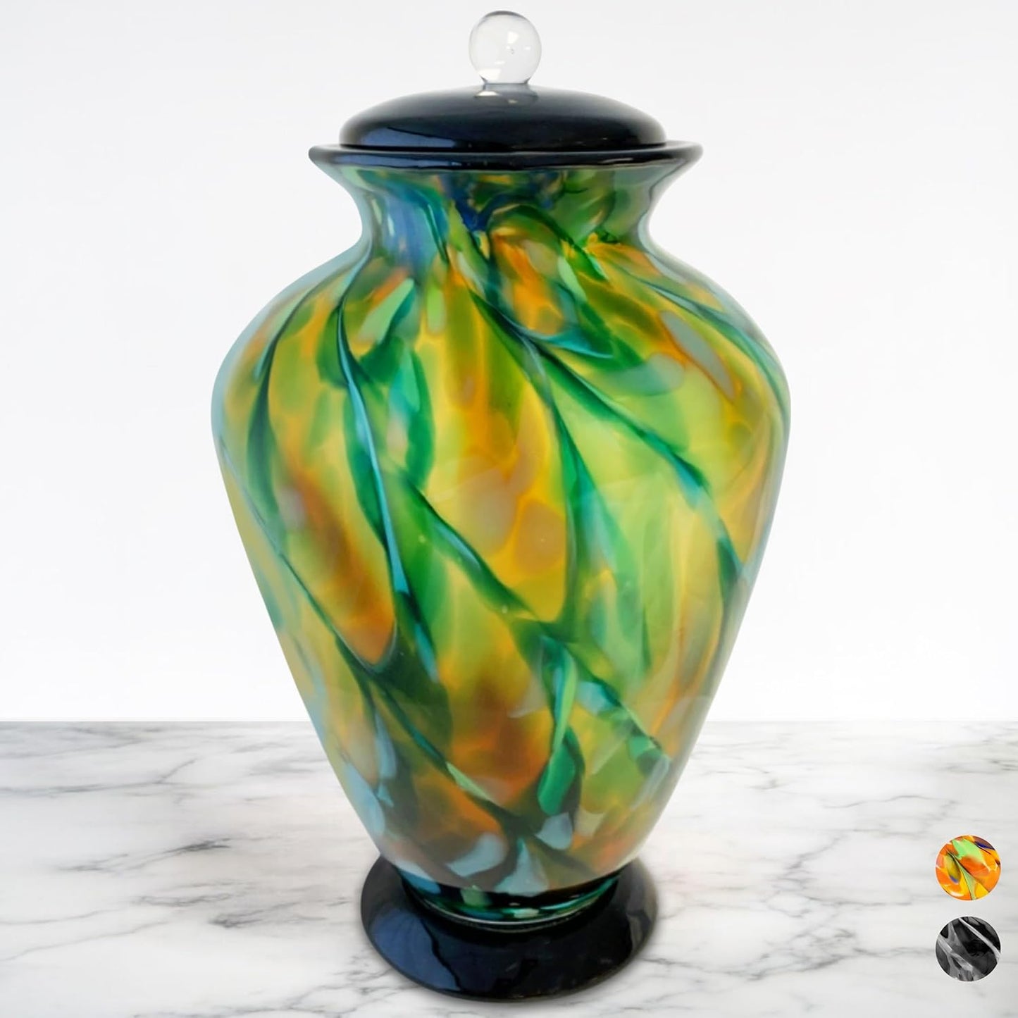 Hand Blown Glass Urn for Ashes Adult Male – Large Cremation Urns for Human Ashes – Memorial Funeral Urn for Men & Women, Home Display, or Burial (Black/Silver, Adult)