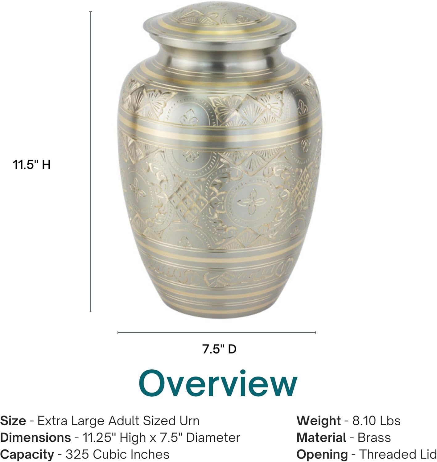 Platinum Elegance Cremation Urn for Ashes in Extra Large, Brass, Silver Urn, Extra Large Adult Sized Cremation Urn, 11.25 Inches High