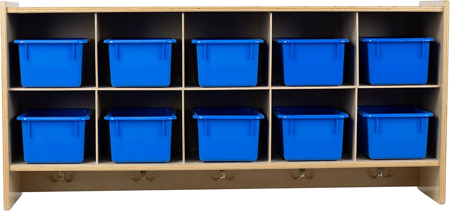 10 Section Wall Mount Classroom Storage Organizer, Cubby Shelving with Coat Locker, Translucent Trays, and Hooks for Daycare, Home, Kids Friendly Design, 21.75" High
