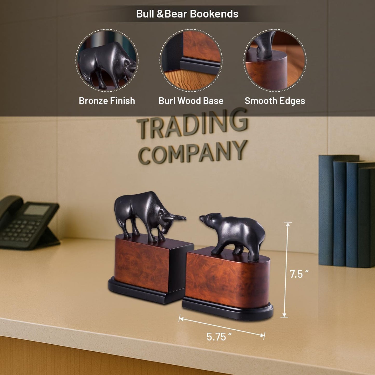 Bey-Berk Bull & Bear Bookends, Black – Bronzed Cast Metal with Burl Wood Base, Heavy-Duty Office, Desk & Bookshelf Stand