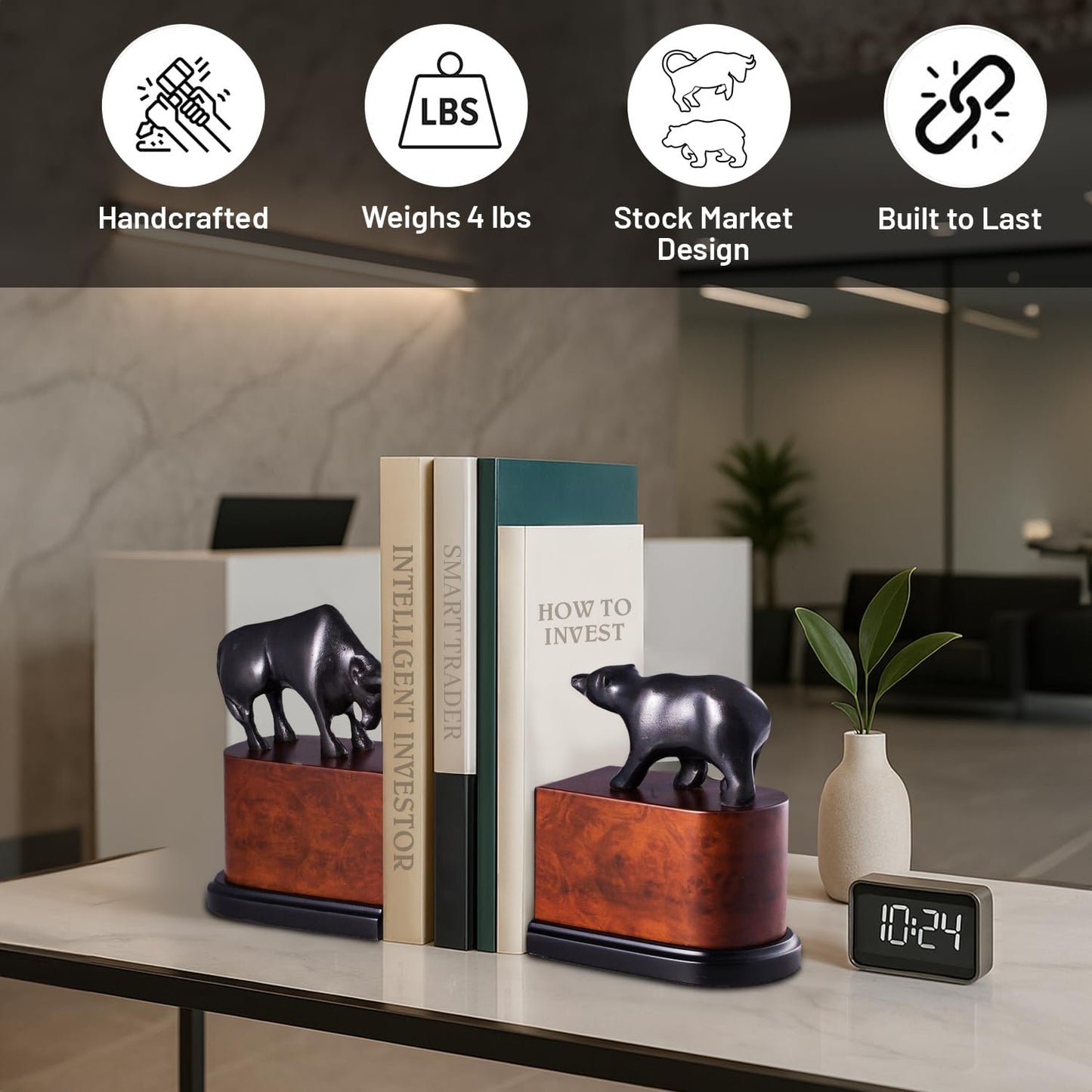 Bey-Berk Bull & Bear Bookends, Black – Bronzed Cast Metal with Burl Wood Base, Heavy-Duty Office, Desk & Bookshelf Stand