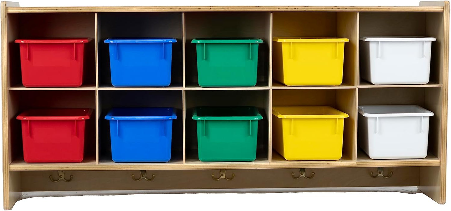 10 Section Wall Mount Classroom Storage Organizer, Cubby Shelving with Coat Locker, Translucent Trays, and Hooks for Daycare, Home, Kids Friendly Design, 21.75" High