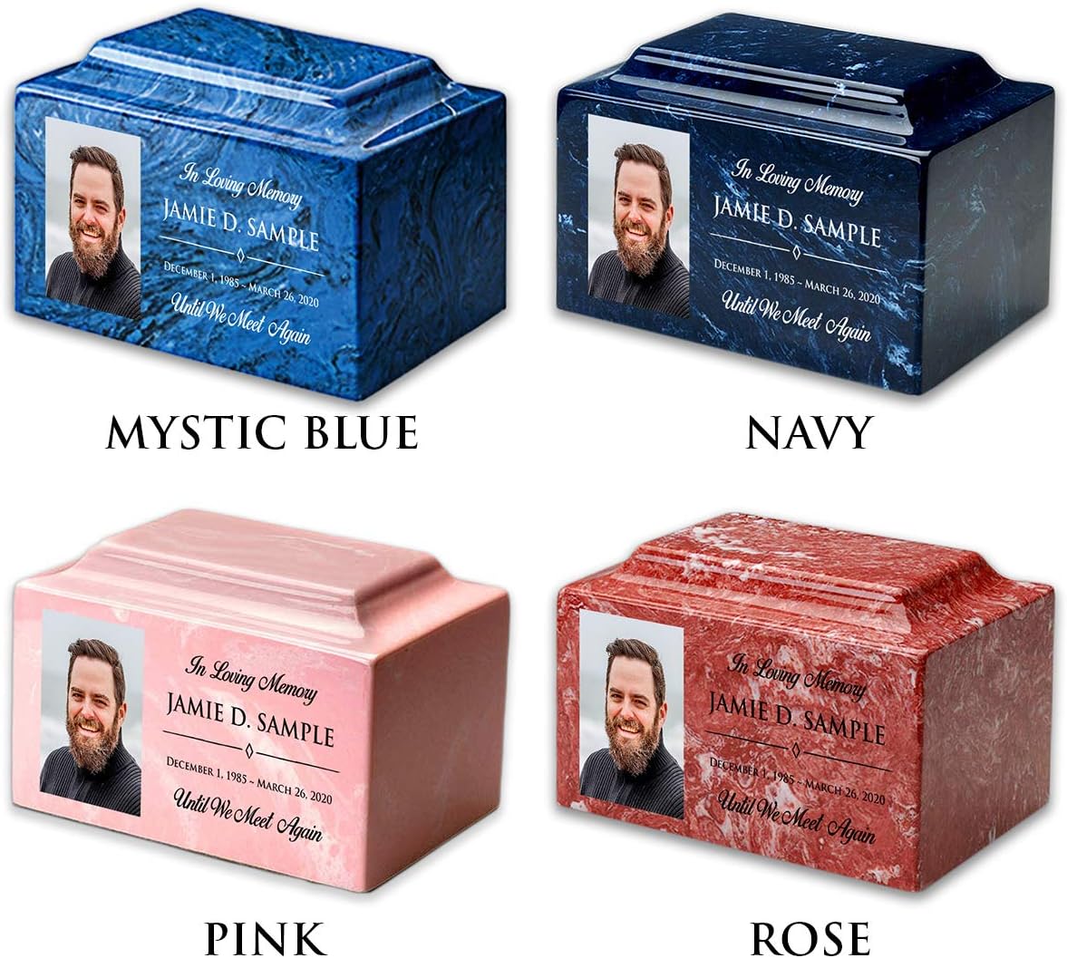Everlasting Memorials and Gifts Custom Personalized Engraved Cultured Marble Funeral Urn - Adult Sized, 2.2 Cubic Inches, Blue, Navy, White Marble Pattern, Polished Finish, Threaded Opening