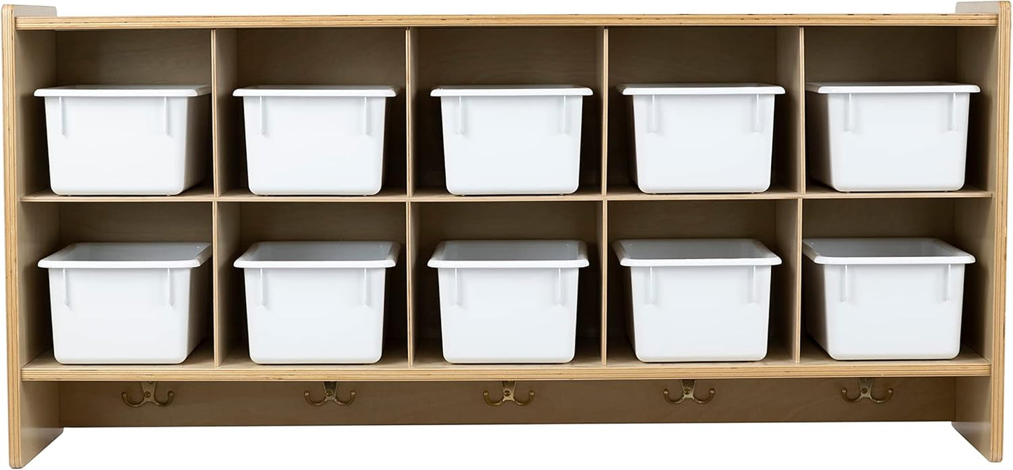 10 Section Wall Mount Classroom Storage Organizer, Cubby Shelving with Coat Locker, Translucent Trays, and Hooks for Daycare, Home, Kids Friendly Design, 21.75" High