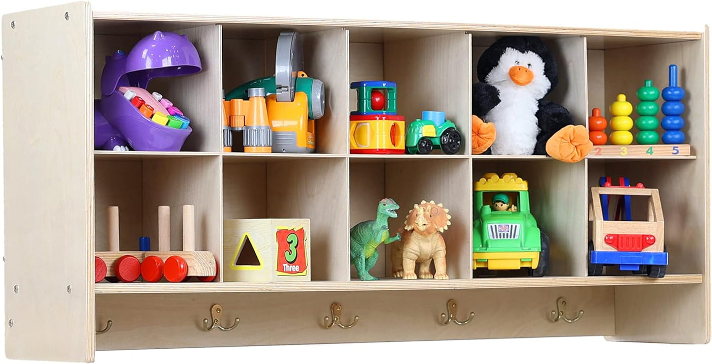 10 Section Wall Mount Classroom Storage Organizer, Cubby Shelving with Coat Locker, Translucent Trays, and Hooks for Daycare, Home, Kids Friendly Design, 21.75" High