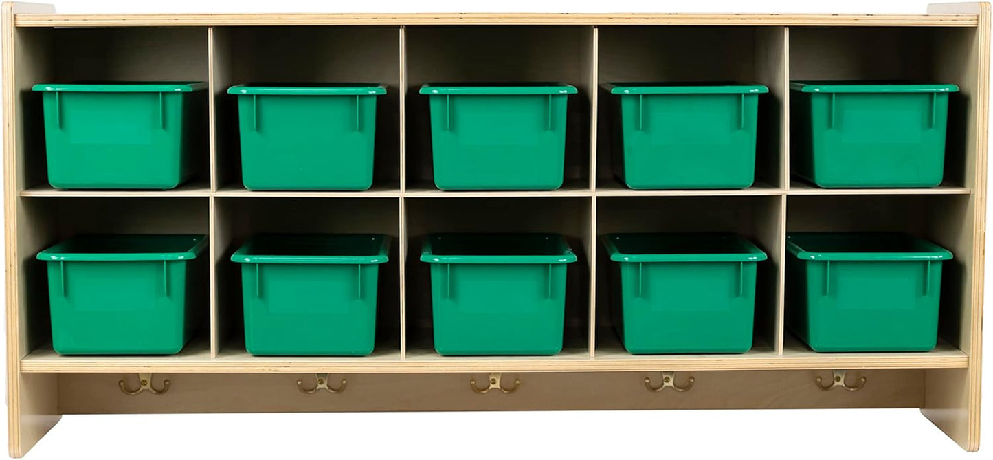 10 Section Wall Mount Classroom Storage Organizer, Cubby Shelving with Coat Locker, Translucent Trays, and Hooks for Daycare, Home, Kids Friendly Design, 21.75" High