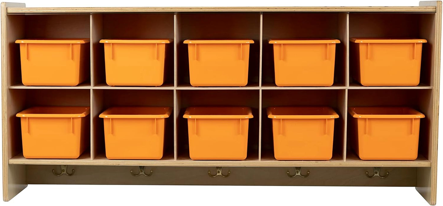 10 Section Wall Mount Classroom Storage Organizer, Cubby Shelving with Coat Locker, Translucent Trays, and Hooks for Daycare, Home, Kids Friendly Design, 21.75" High