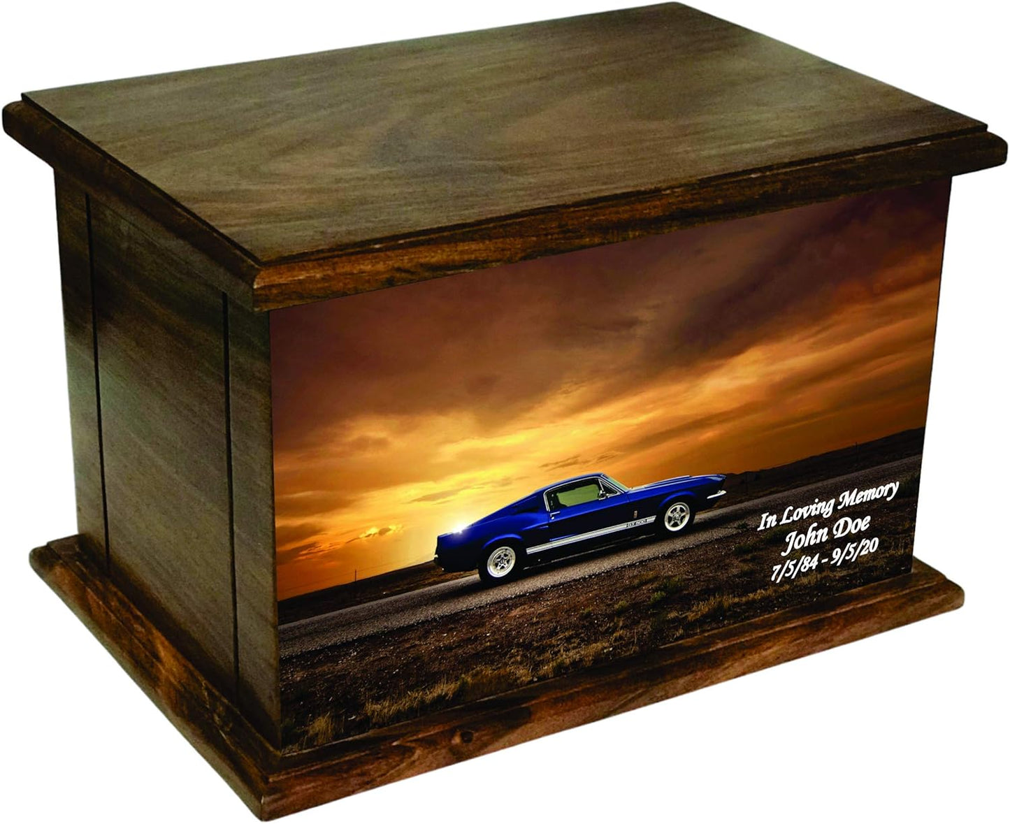 Classic Car Sunset Human Adult Size Wooden Cremation Urn with Custom Picture and Personalization