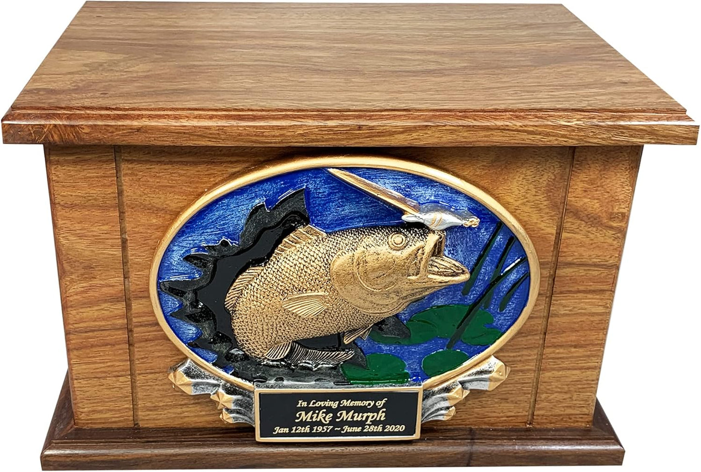 Bass Fish Funeral Cremation Urn, Large Size Wooden Funeral Urn with Personalization