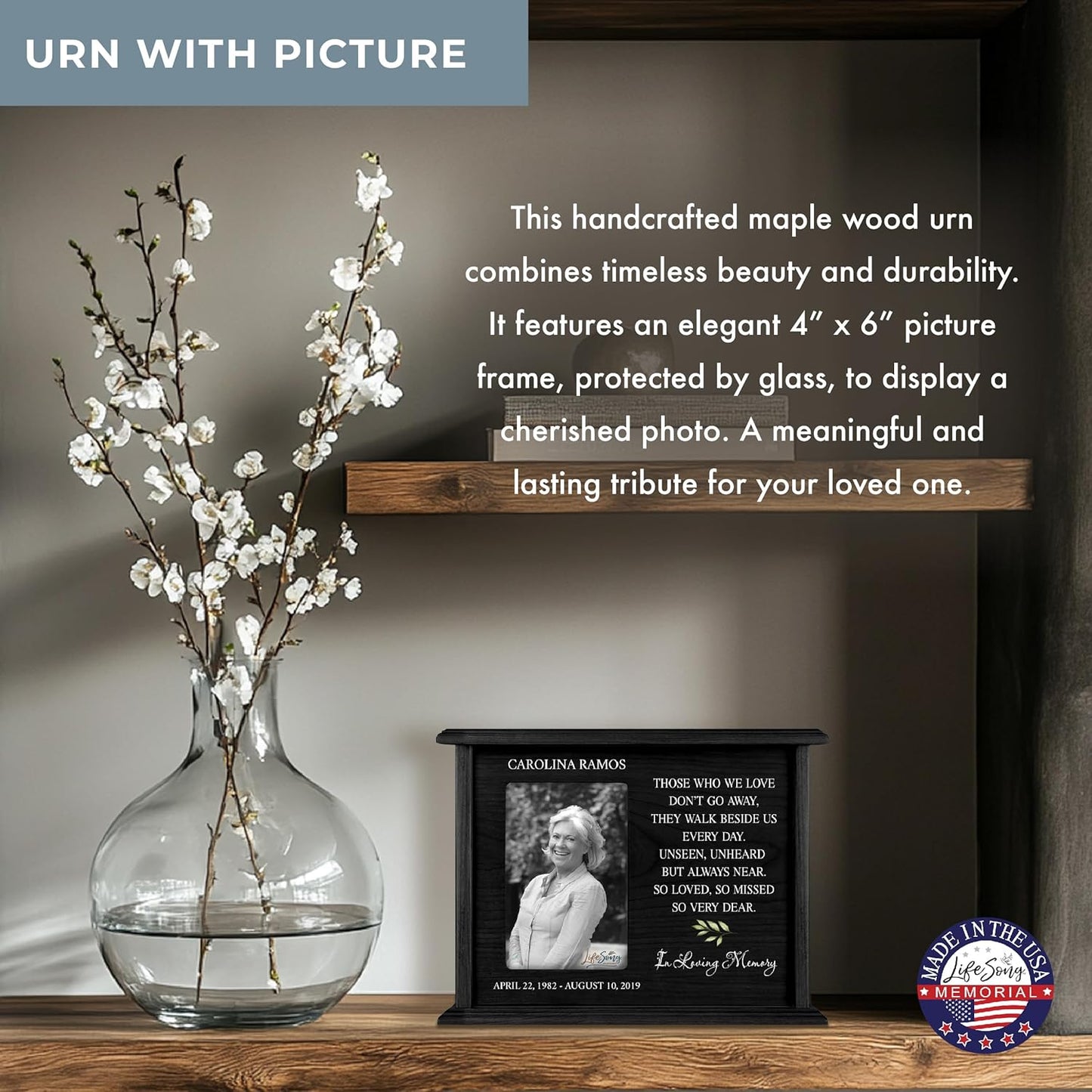 LifeSong Milestones Personalized Engraved Wooden Cremation Urn Box for Adult Human Ashes Holds 4x6 Photo Memorial Picture Frame for Loss of Loved One Holds 200 cu.in Human Ashes (Black)