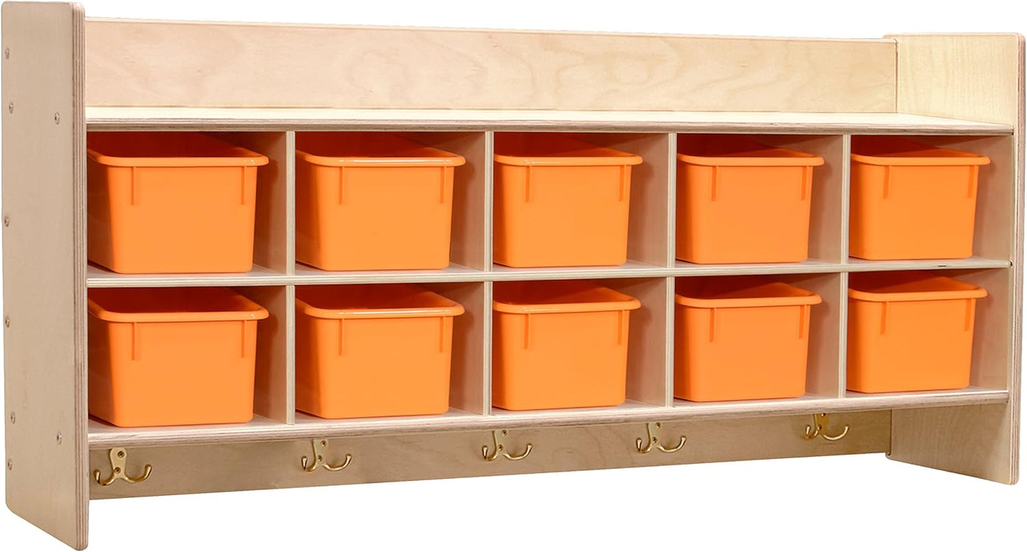 Contender Cubby Storage Organizer Cubes, Daycare Shelves with 10 Cubbies with Hooks and Shelf, Hanging Wall Mount, Furniture for Kids Toys, Classroom, 47-inch Width
