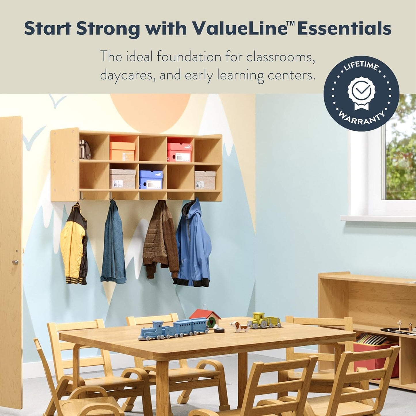 Angeles Value Line 10 Section Wall Locker, Classroom Shelves and Daycare Furniture, Cubby Storage Organizer with Hooks, 48" L x 12" W x 19" H
