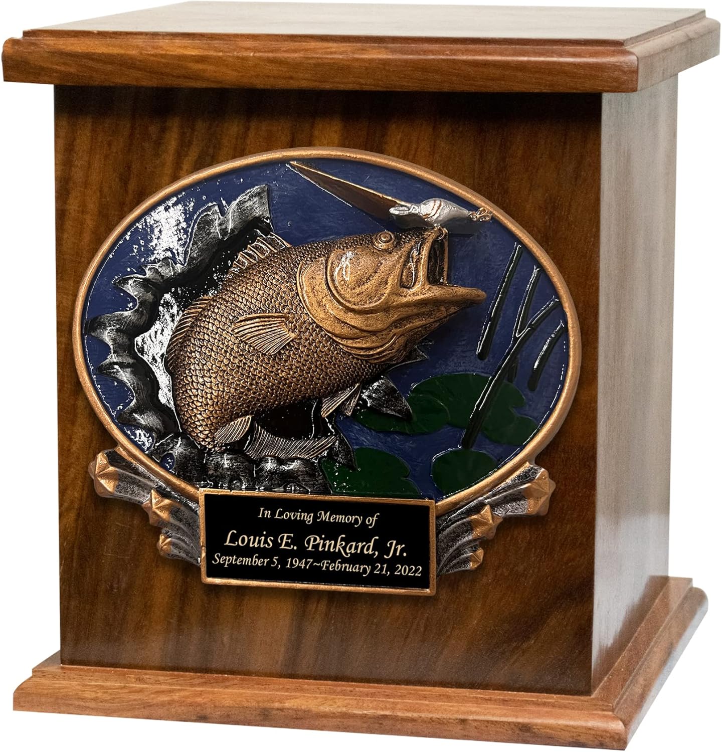 Bass Fish Funeral Cremation Urn, Large Size Wooden Funeral Urn with Personalization