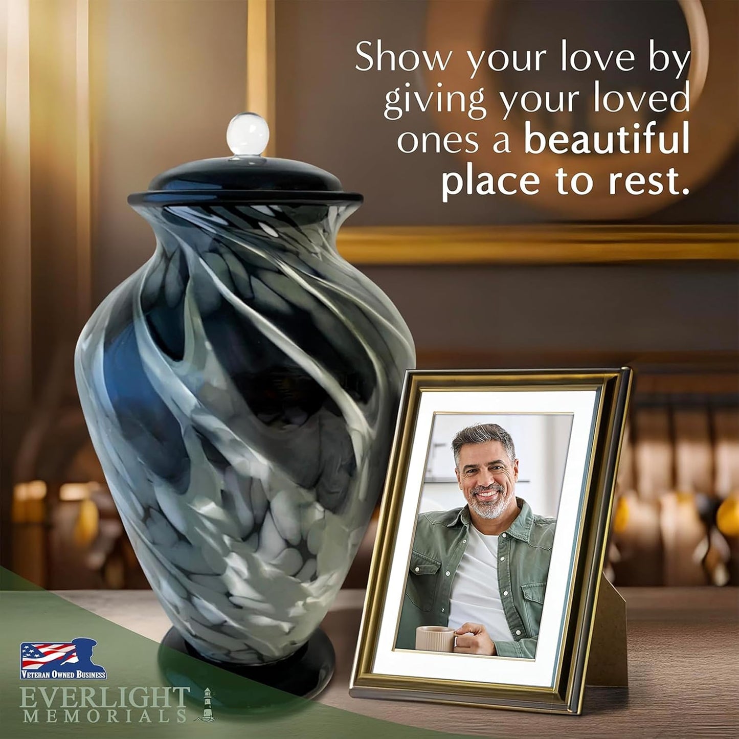 Hand Blown Glass Urn for Ashes Adult Male – Large Cremation Urns for Human Ashes – Memorial Funeral Urn for Men & Women, Home Display, or Burial (Black/Silver, Adult)