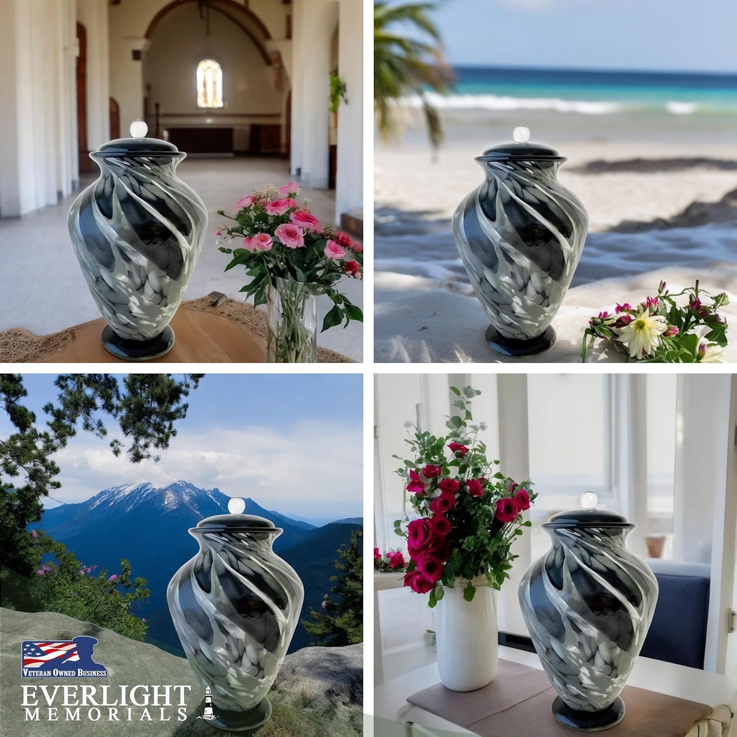 Hand Blown Glass Urn for Ashes Adult Male – Large Cremation Urns for Human Ashes – Memorial Funeral Urn for Men & Women, Home Display, or Burial (Black/Silver, Adult)