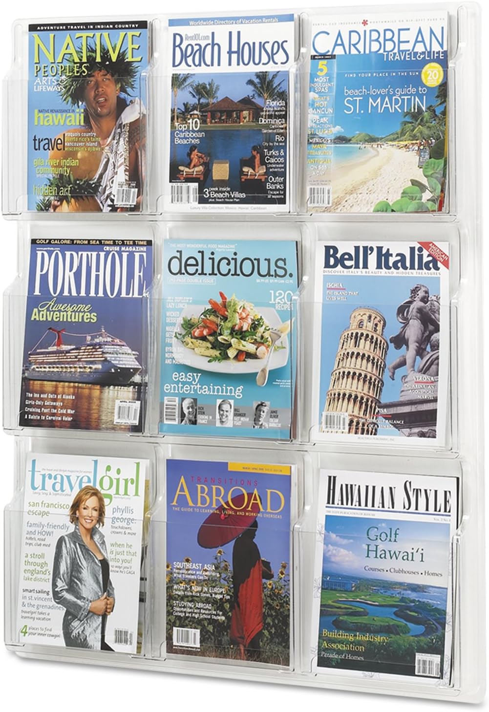 Safco Reveal Literature Rack, 9 Compartments Magazine Holder, Wall-Mounted Brochure Organizer, Acrylic, Clear