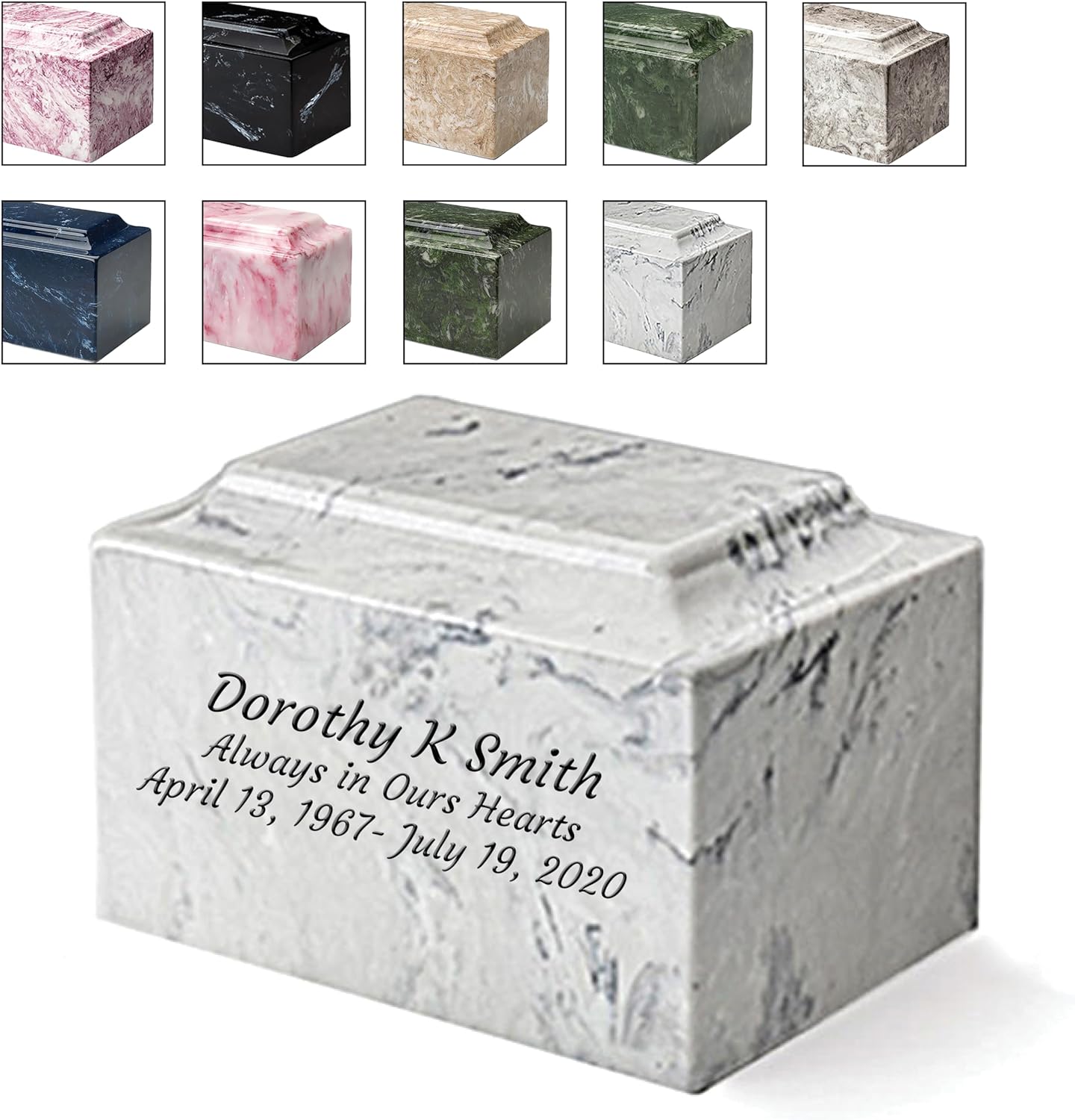 Custom Engraved Mackenzie Urn Vault - Up to Three Line of Custom Engraving Included. Six Different Custom Fonts to Choose from. Cultured Marble Adult Full Size urn. Carrera Color