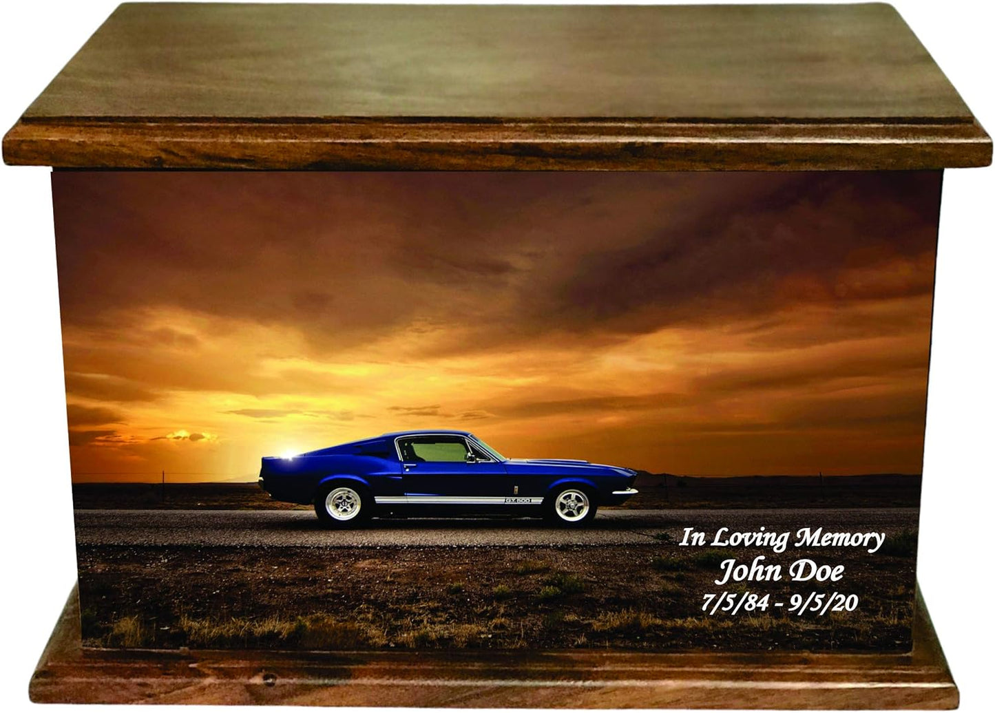 Classic Car Sunset Human Adult Size Wooden Cremation Urn with Custom Picture and Personalization