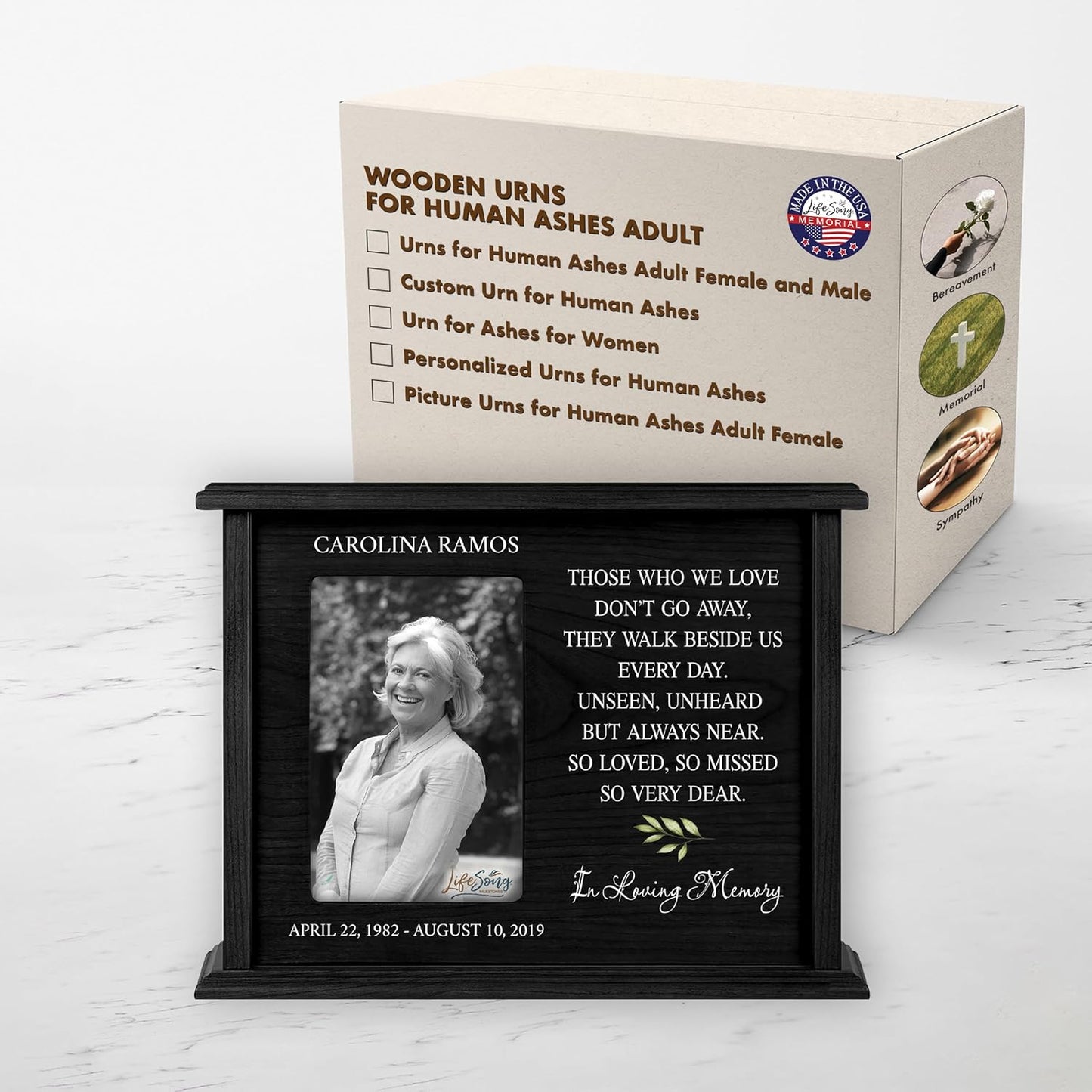 LifeSong Milestones Personalized Engraved Wooden Cremation Urn Box for Adult Human Ashes Holds 4x6 Photo Memorial Picture Frame for Loss of Loved One Holds 200 cu.in Human Ashes (Black)