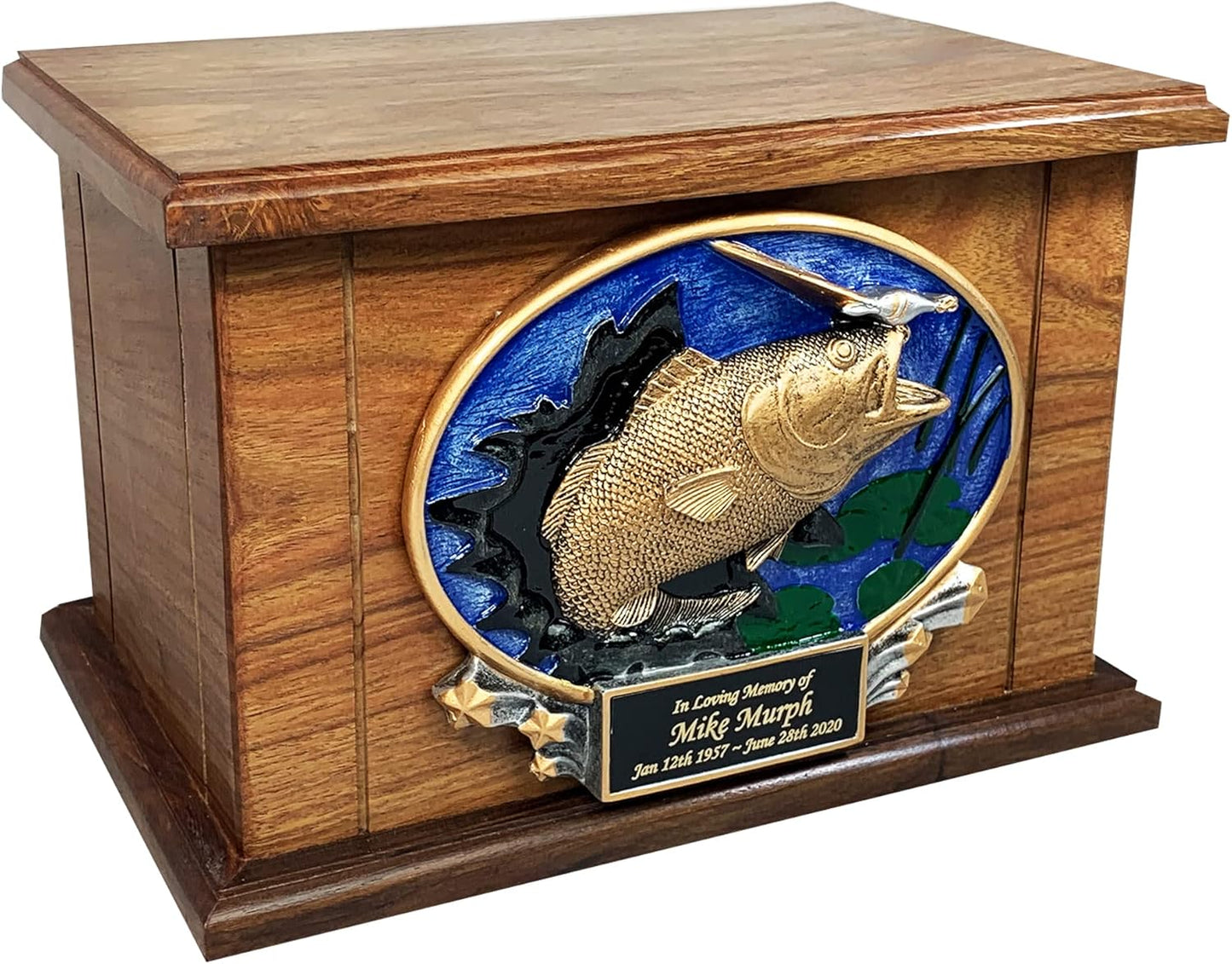 Bass Fish Funeral Cremation Urn, Large Size Wooden Funeral Urn with Personalization