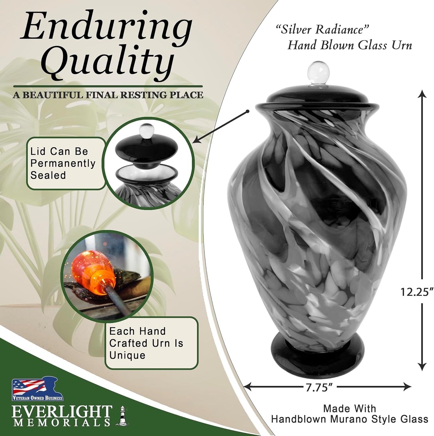 Hand Blown Glass Urn for Ashes Adult Male – Large Cremation Urns for Human Ashes – Memorial Funeral Urn for Men & Women, Home Display, or Burial (Black/Silver, Adult)