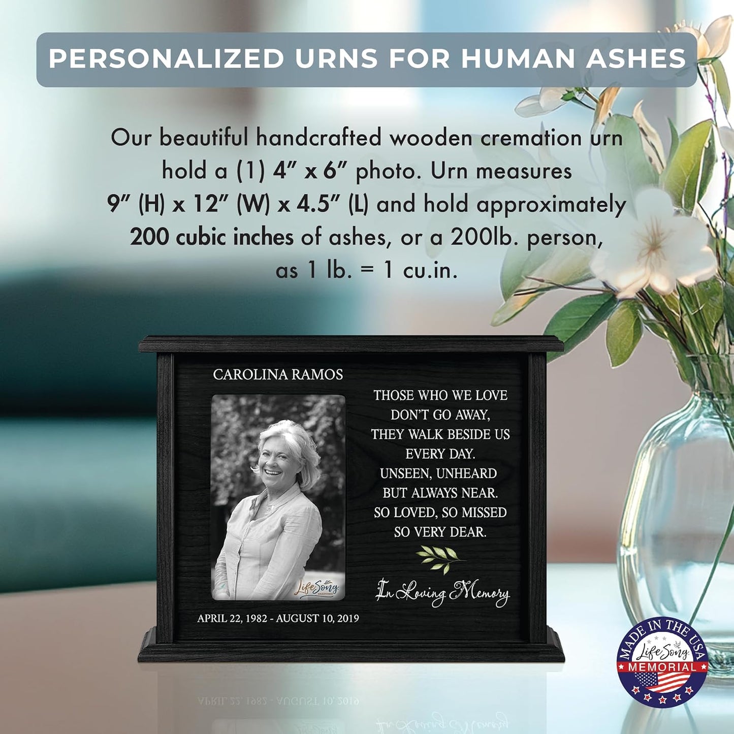 LifeSong Milestones Personalized Engraved Wooden Cremation Urn Box for Adult Human Ashes Holds 4x6 Photo Memorial Picture Frame for Loss of Loved One Holds 200 cu.in Human Ashes (Black)