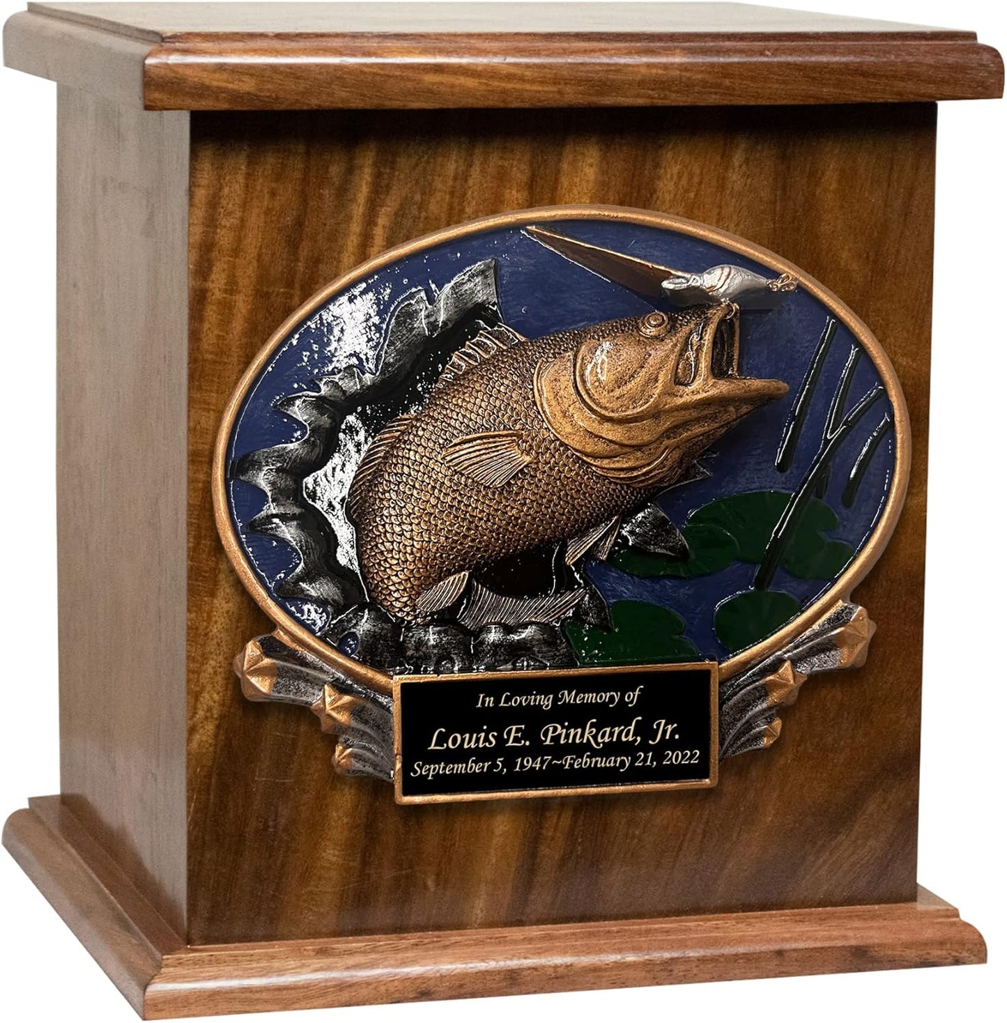 Bass Fish Funeral Cremation Urn, Large Size Wooden Funeral Urn with Personalization