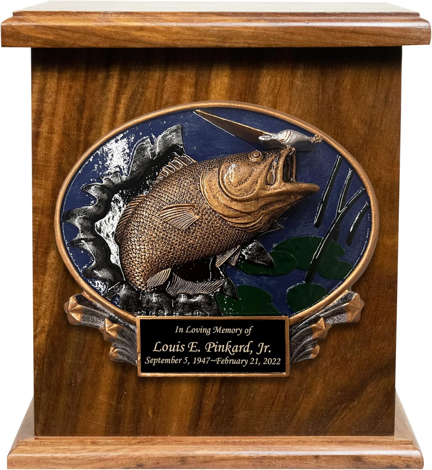 Bass Fish Funeral Cremation Urn, Large Size Wooden Funeral Urn with Personalization