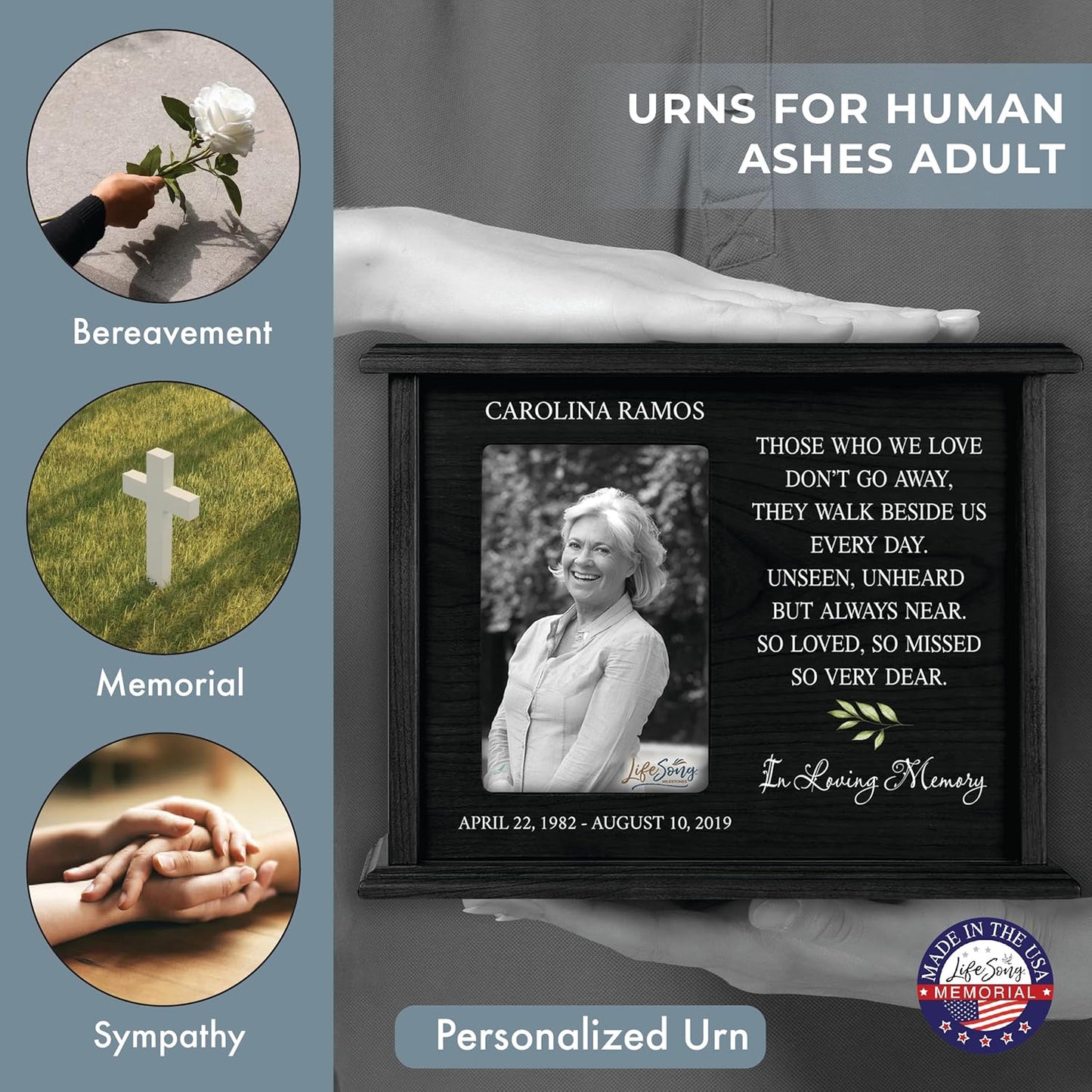 LifeSong Milestones Personalized Engraved Wooden Cremation Urn Box for Adult Human Ashes Holds 4x6 Photo Memorial Picture Frame for Loss of Loved One Holds 200 cu.in Human Ashes (Black)