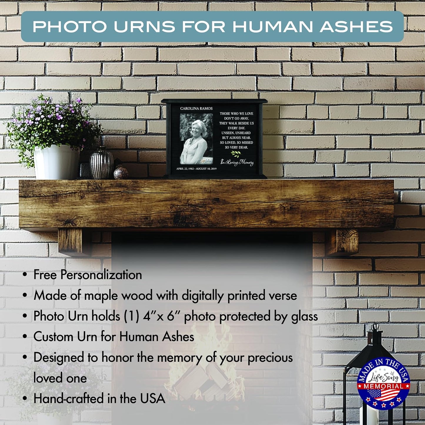 LifeSong Milestones Personalized Engraved Wooden Cremation Urn Box for Adult Human Ashes Holds 4x6 Photo Memorial Picture Frame for Loss of Loved One Holds 200 cu.in Human Ashes (Black)