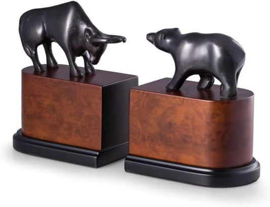 Bey-Berk Bull & Bear Bookends, Black – Bronzed Cast Metal with Burl Wood Base, Heavy-Duty Office, Desk & Bookshelf Stand