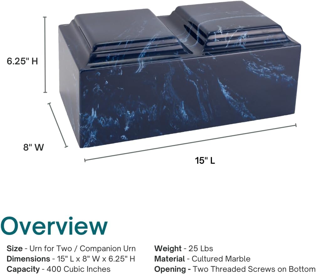Navy Cultured Marble Companion Cremation Urn for Two, Blue Ashes Urn - Home Memorial, Ground Burial or Funeral Use