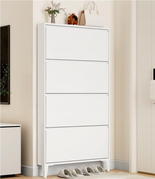Floating Metal Shoe Cabinet, Wall Mounted Ultra-Thin Flip Drawer Storage, Freestanding Shoe Rack Storage Organizer for Entryway, Narrow Hallway(White,80 * 12.2 * 147.2cm)