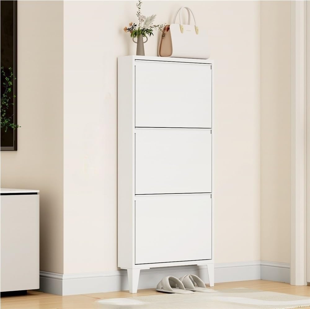 Floating Metal Shoe Cabinet, Wall Mounted Ultra-Thin Flip Drawer Storage, Freestanding Shoe Rack Storage Organizer for Entryway, Narrow Hallway(White,80 * 12.2 * 147.2cm)
