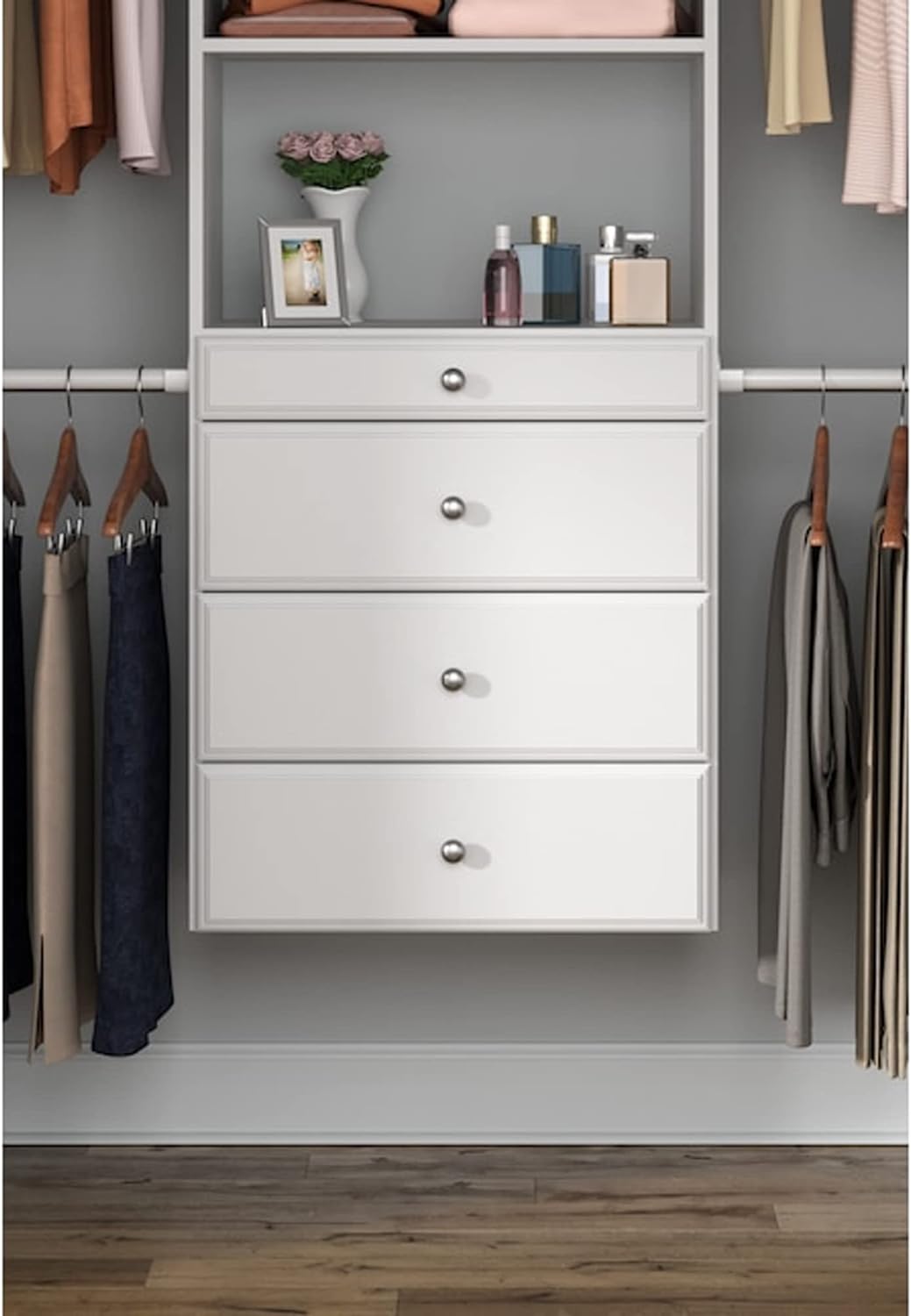 Easy Track OK7272 Deluxe Tower Closet Storage Wall Mounted Wardrobe Organizer Kit System with Shelves and Drawers for Bedroom with Hardware, White