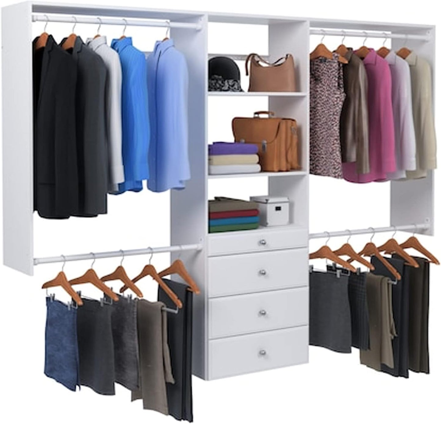 Easy Track OK7272 Deluxe Tower Closet Storage Wall Mounted Wardrobe Organizer Kit System with Shelves and Drawers for Bedroom with Hardware, White