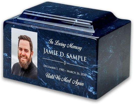Everlasting Memorials and Gifts Custom Personalized Engraved Cultured Marble Funeral Urn - Adult Sized, 2.2 Cubic Inches, Blue, Navy, White Marble Pattern, Polished Finish, Threaded Opening