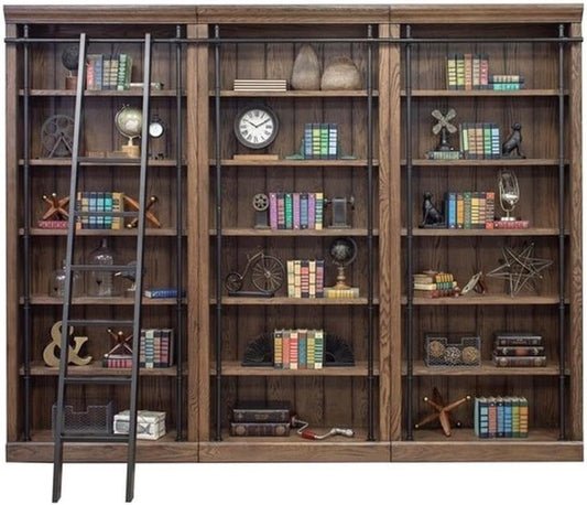 Martin Furniture 8' Tall Bookcase Wall with Ladder, Storage Organizer, Display Shelf for Office, Brown