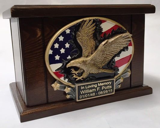 Custom Engraved Large American Flag and Eagle Wooden Funeral Cremation Urn