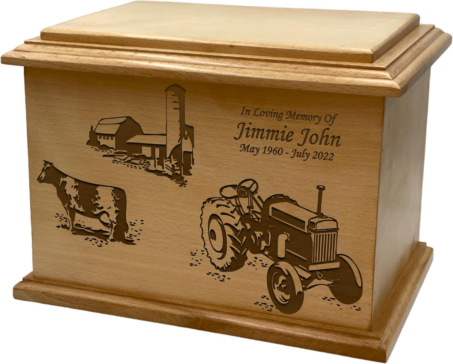 Wooden Urn for Human Ashes, Large Funeral Cremation Urn with Personlaization and Multiple Designs (Old Tractor)