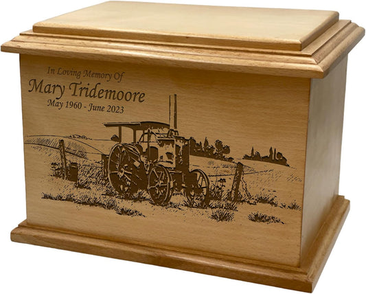 Wooden Urn for Human Ashes, Large Funeral Cremation Urn with Personlaization and Multiple Designs (Old Tractor)