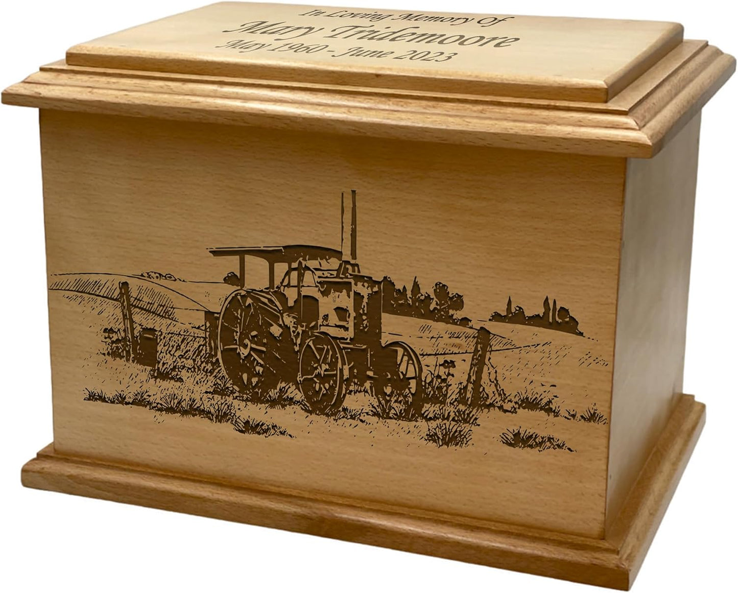 Wooden Urn for Human Ashes, Large Funeral Cremation Urn with Personlaization and Multiple Designs (Old Tractor)