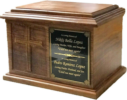 Extra Large Cross Wooden Funeral Cremation Ash Urn, Companion Human Cremation Urn, Double Urn with Customized Name Plate
