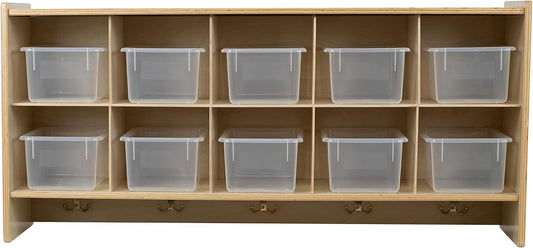 10 Section Wall Mount Classroom Storage Organizer, Cubby Shelving with Coat Locker, Translucent Trays, and Hooks for Daycare, Home, Kids Friendly Design, 21.75" High