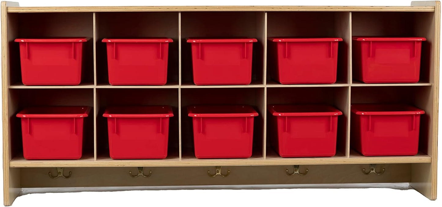 10 Section Wall Mounted Storage Cabinet with Red Trays, Montessori Playschool Furniture, Hardwood Cubby Wall Shelf for Homeschool Supplies [Birch Plywood]