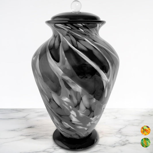 Hand Blown Glass Urn for Ashes Adult Male – Large Cremation Urns for Human Ashes – Memorial Funeral Urn for Men & Women, Home Display, or Burial (Black/Silver, Adult)