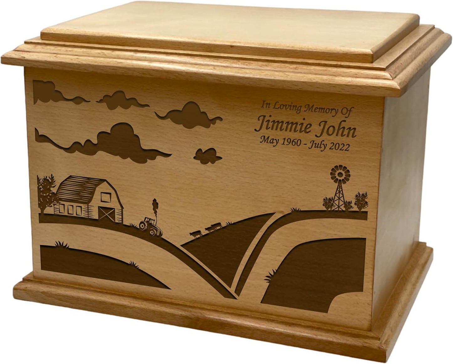 Wooden Urn for Human Ashes, Large Funeral Cremation Urn with Personlaization and Multiple Designs (Old Tractor)