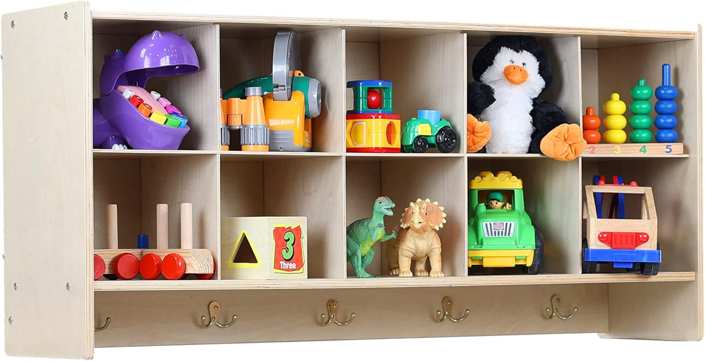 10 Section Wall Mounted Storage Cabinet with Red Trays, Montessori Playschool Furniture, Hardwood Cubby Wall Shelf for Homeschool Supplies [Birch Plywood]